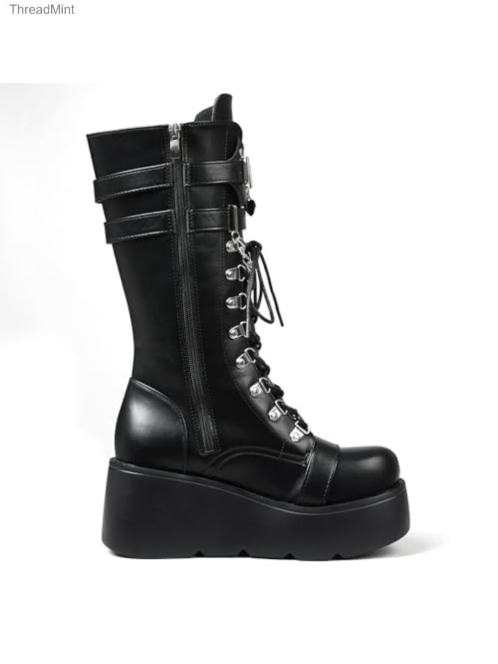 Womens Gothic Combat Boots Chunky Wedge Heel Lace Up Mid Calf Platform - Picture 5 of 6